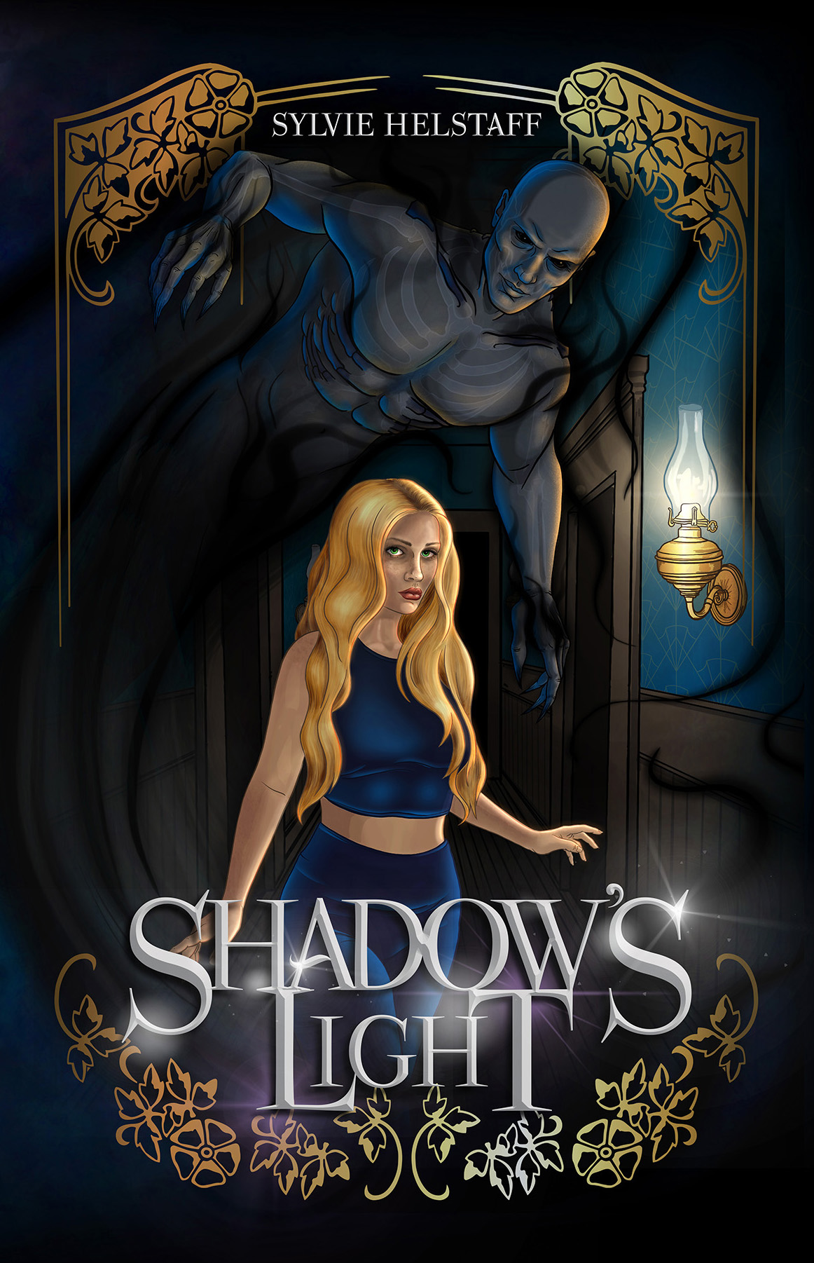 Cover art for Shadow's Light by Sylvie Helstaff. A blonde woman stands in a dark hallway with a shadow demon floating overhead. Gold Filigree frame with title text.