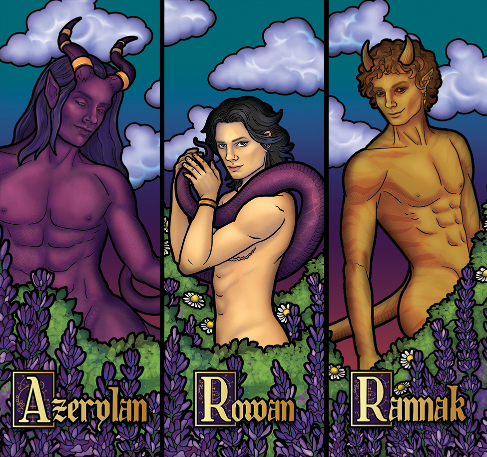 Illustration of three figures standing in a garden setting. Left to right: a purple male demon with gold jewelry on his horns, a non-binary human with a demon's tail wrapped over their shoulder, and a bronze male demon with tiger stripes and small horns. Gold text reads left to right: "Azerylan" "Rowan" "Rannak"