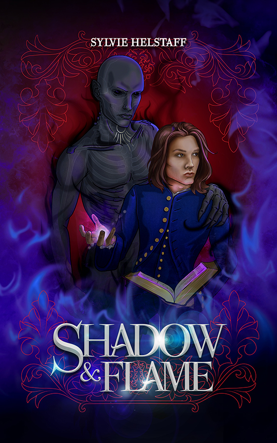 Cover art for Shadow & Flame by Sylvie Helstaff. A brunette man in colonial american clothing holds an open book in one hand and glowing light in the other. A shadow demon stands behind him with a hand on his shoulder. both are surrounded by purple flames.
