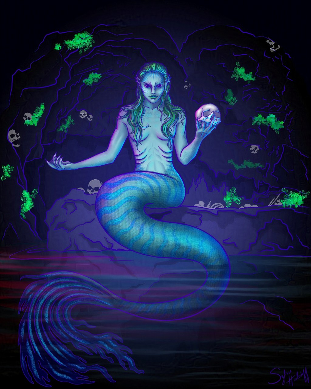 a mermaid with a long, luminescent, striped tail and green hair sits on a rock in a dark purple grotto, holding a skull in one hand. She is surrounded by flourescent green plants and bones embedded in the rocks. There are pink reflections on the water in front of her.